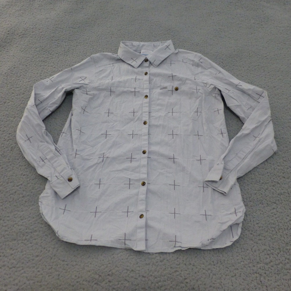 Columbia Shirt Womens Medium Gray Cross Grid Button Up Long Sleeve